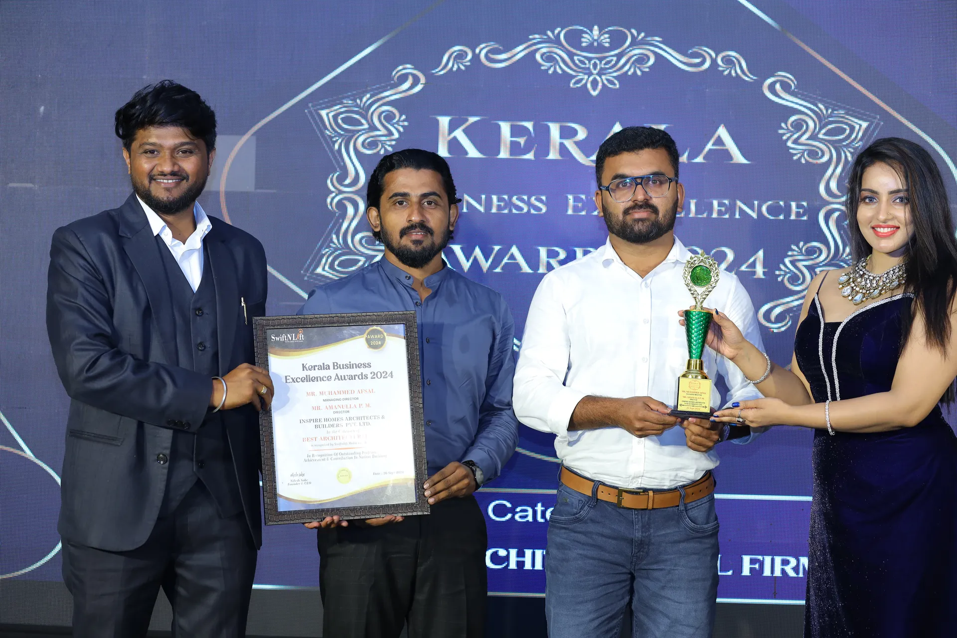 Kerala Business Excellence Awards. Best Architectural Firm in Kerala: the certificate presented to Inspire Homes Architects & Builders Pvt. Ltd. at the Kerala Business Excellence Awards 2024, held on 26 September 2024 at Hotel Fly View, Kochi.